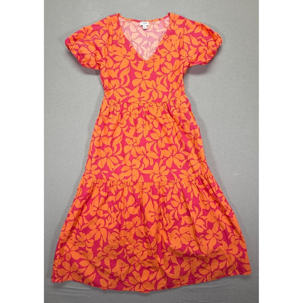 J.Crew Midi Dress Womens 0 Orange Pink Floral‎ Tiered Puff Sleeve Tropical